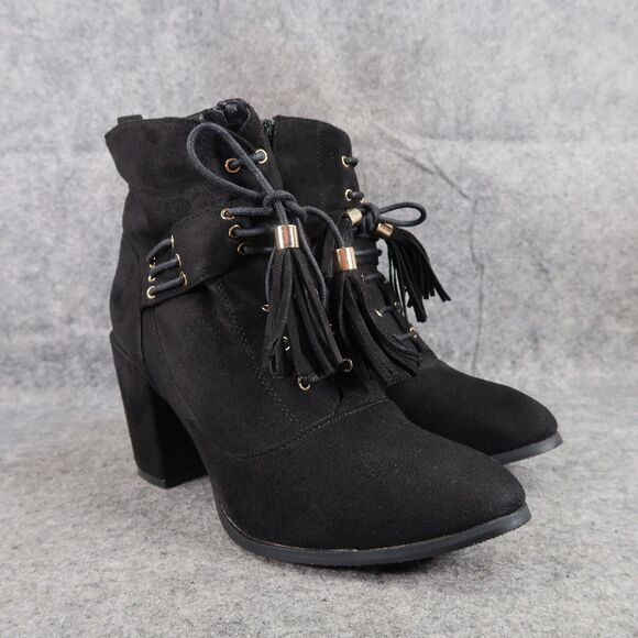 Rush Shoes Womens 8 Booties Fashion Block Heel Lace Up Elvis Tassel Black Zip - Picture 1 of 15